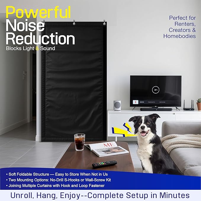Soundproof Curtain 82.6" x 47.2", Heavy Duty Sound Dampening Curtain with Grommets & Wall Hooks, Multi-Layer Acoustic Curtain for Noise Reduction & Light Blocking, Black, Single Curtain
