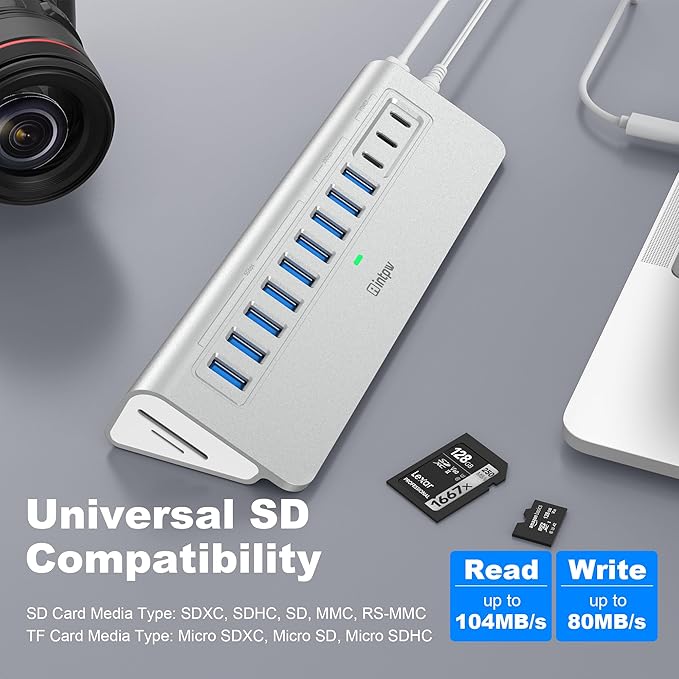 YH9AC Plus Powered USB Hub 10Gbps, 14 Port USB 3.2 Hub(USB A/USB C 3.2+7 USB-A 3.0+2 PD 45W Fast Charging Ports+SD/TF Card Reader), 65W Power Adapter,Aluminum USB HUB for PC,Laptop,iPhone 17/16