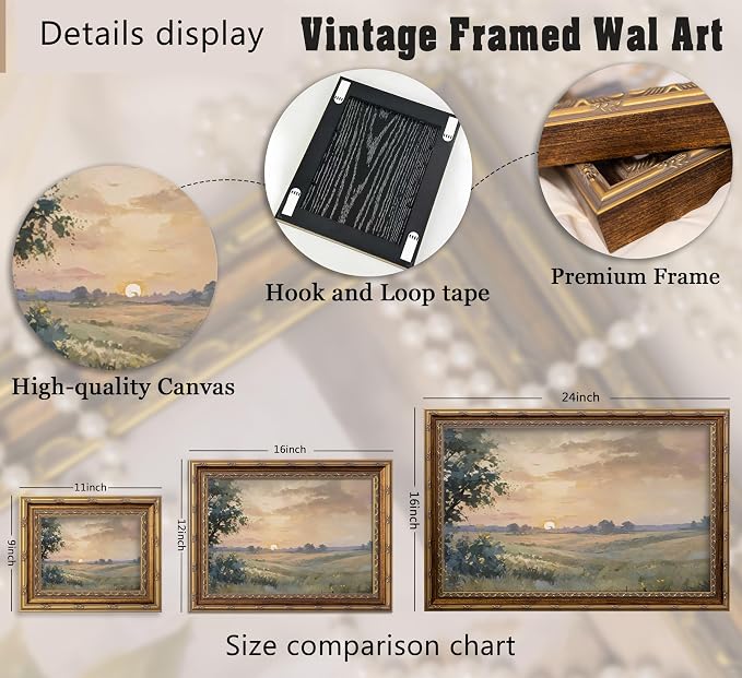 Vintage Gold Framed Wall Art Retro Fall Sunset Country Oil Painting Canvas Prints Watercolor Autumn Landscape Picture Rustic Farmhouse Soft Nature Poster Artwork for Living Room Bedroom, 16x24in