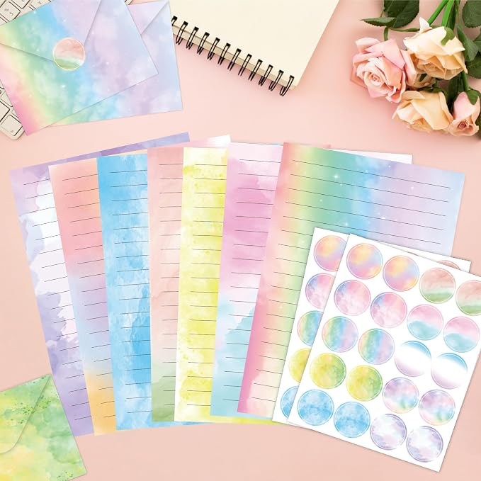 Stationery Paper Envelopes Set 160 Pcs - 50 Lined Writing Paper, 50 Envelopes, 60 Dot Stickers, Vintage/Floral/Leaf/Watercolor Multi-Style Options (STATIONERY-160PCS-WATERCOLOR)