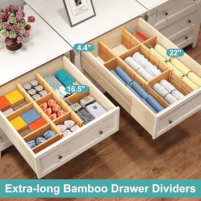 4.4" High Bamboo Drawer Dividers with Inserts, Kitchen Adjustable Drawer Organizers, Expandable Organization for Home, Office, Dressers, and Bathroom, 4 Divider with 8 Insert
