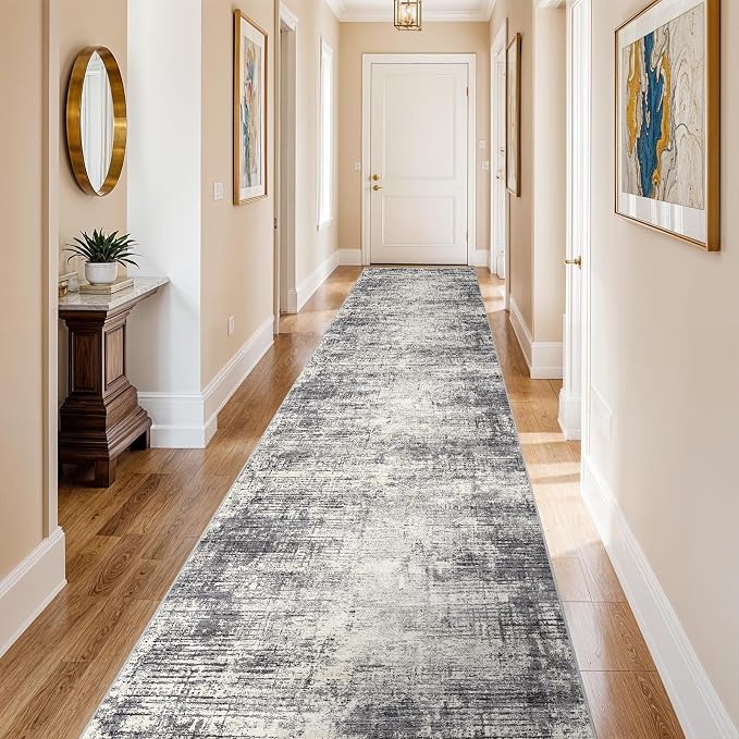 3x20 Hallway Washable Runner Rug - Non-Slip Kitchen Rugs with Rubber Backing Abstract Neutral Low-Pile Carpet Runners for Laundry Room Home Decor Bedroom Bathroom Entryway (Gray Beige,3x20)