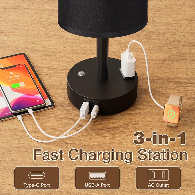 Touch Bedside Table Lamp with Memory - Stepless Dimmable Lamp for Bedroom, Small Nightstand Lamp with Dual USB Charging Ports and AC Outlet, Wood Night Light, Desk Lamp for Nursery, (Black & Black)