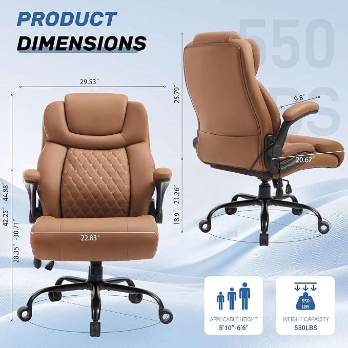 550LBS Big and Tall Office Chair, Comfy Heavy Duty Executive Chair with Adjustable Lumbar Support Double Spaces Casters, Fabric Extra Wide Seat Ergonomic Computer Desk Chair for Back Pain,Brown