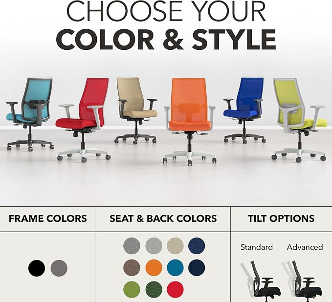 HON Ignition 2.0 Mid‑Back Ergonomic Office Chair, Mesh Task Desk Chair with Lumbar Support, Standard Synchro‑Tilt, Height and Width Adjustable Arms, Titanium Frame, Pear