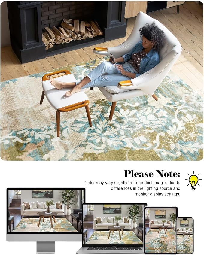 Macgace Washable Abstract Rug, 8x10 Willow Green and Blue Floral Area Rugs with Non-Slip Rubber Backed for Living Room, Low Pile Modern Throw Carpet Bedroom Dining Room Decor