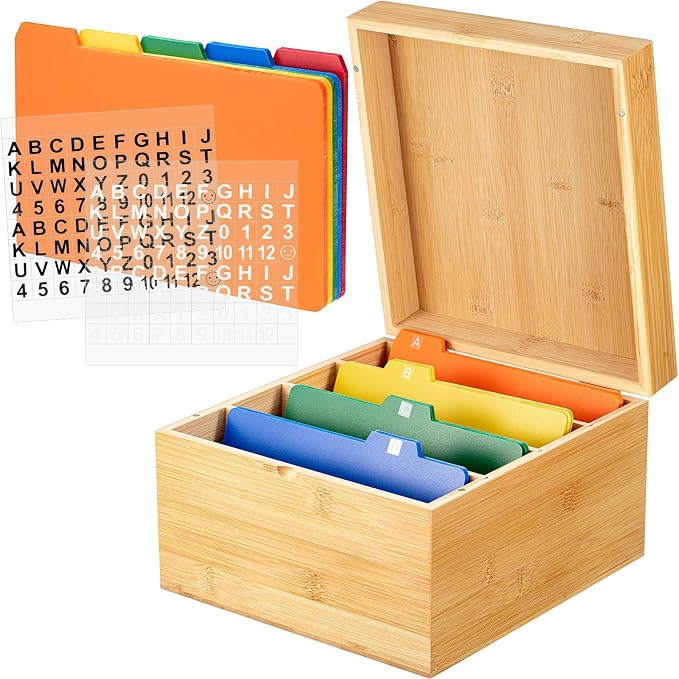 5 x 8 Inch Index Card Holder Set, Bamboo Organizer Box with 50 Dividers & 2 Sheets Alphabet Number Stickers File Note Holders, Holds 1200 Cards for Office Business Home Kitchen, Wooden Color