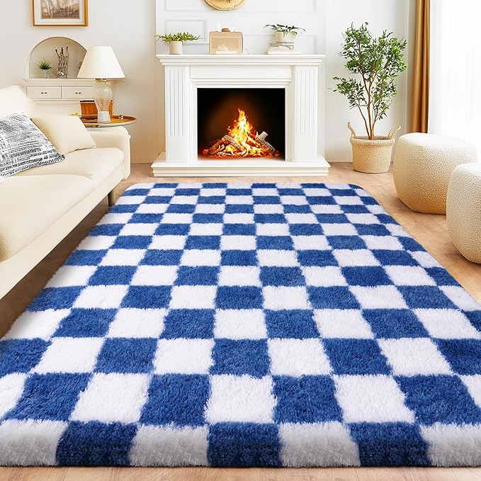 Area Rugs for Living Room 6x9, Ultra Fluffy Checkered Rug Fuzzy Shag Shaggy Carpets for Bedroom, Modern Non-Slip Indoor Soft Plush Furry Rug for Boy Girls Room Dorm Home Decor Aesthetic, Navy & White