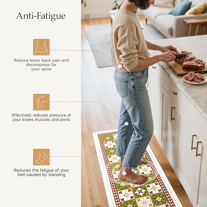 GENIMO Anti Fatigue Kitchen Mats for Floor, Cushioned Non Slip Kitchen Rug, Waterproof Kitchen Floor Mat Runner, Kitchen Mat for Laundry, Sink, Office, Entryway, 17.3"x59"+17.3"x30", Green