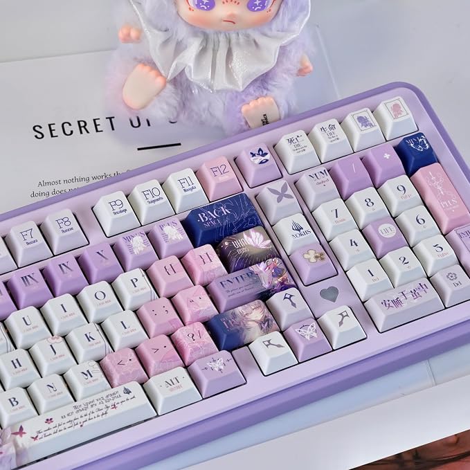 PBT Custom Keycaps 130 Keys, Japanese Anime Purple Keycaps Cherry Profile Dye Sublimation Keycap, Manga Style Key Cap Set for 60% 65% 75% TKL 100% Mechanical Keyboard