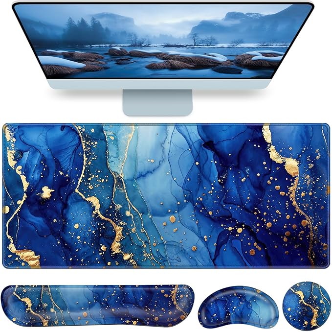Desk Mat Blue, Large Gaming Mouse Pad with Wrist Rest, 4in1 XXL Mousepad+Keyboard Wrist Rest+Mouse Pad Wrist Support+Cup Coaster Set Ergonomic Computer Desk Arm Wrist for Decor Home Office Women