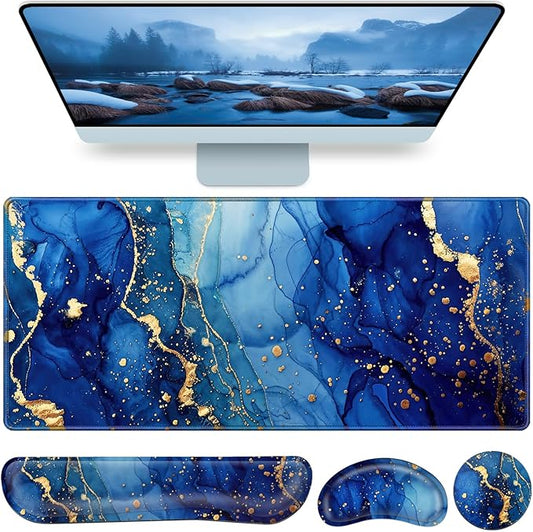 Desk Mat Blue, Large Gaming Mouse Pad with Wrist Rest, 4in1 XXL Mousepad+Keyboard Wrist Rest+Mouse Pad Wrist Support+Cup Coaster Set Ergonomic Computer Desk Arm Wrist for Decor Home Office Women