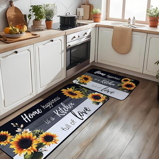 Kitchen Rug Sets of 2 Piece Non Slip Kitchen Rugs and Mats Washable Kitchen Mats for Floor Kitchen Carpet Runner Rugs Decor for Laundry Bathroom Living Room,Sunflower 20"x 59"+20"x 32"