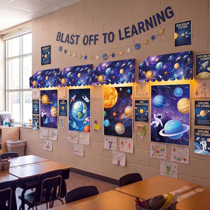 Colarr 12 Pcs Back to School Classroom Awning Decor Kit Space Planets Bulletin Board Awning with Warm LED Light Poster Paper Bulletin Board Decor for Teacher Classroom School Wall Chalkboard