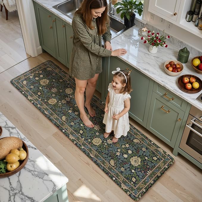 KIMODE Kitchen Mats for Floor Anti Fatigue,Cushioned Runner Rug | Black,Vintage Boho Floral Runner Rug Non Slip Waterproof, Wide Long Padded Kitchen Floor Mat for Laundry Sink Office Home