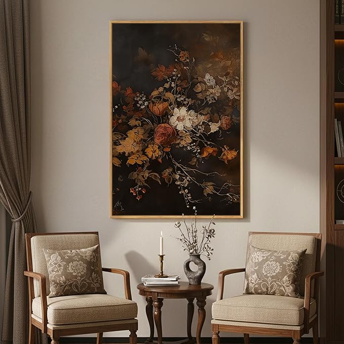 Framed Vintage Floral Wall Art for Room Decor, Retro Dark Moody Flower Canvas Artwork for Walls, Vertical Antique Botanical Painting Print for Living Room Bedroom Hallway Office Wall Decor, 24x36 Inch