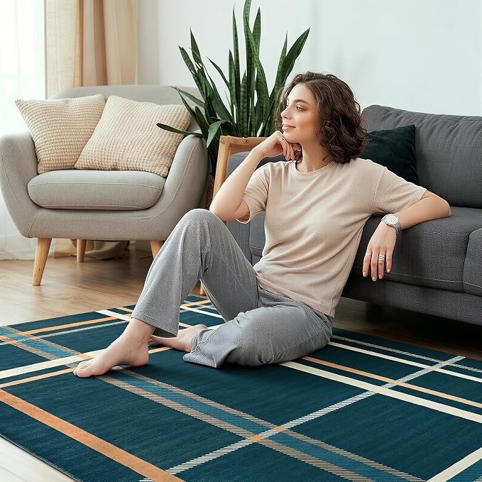 Terrug Plaid Area Rug for Living Room, Blue 5x7 Checkered Rugs Washable with Non Slip for Bedroom, Soft Low Pile Stain Resistance Abstract Carpet for Dinning Room