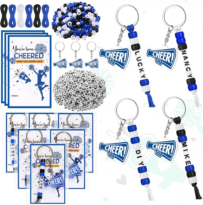 Suncalla 996 Pcs 24 Set Cheer Keychain Making Kit DIY Key Chain Crafts Cheerleader Gifts Cheerleading Bag Charms Adjustable Letter Beads Cards Strings Blue Kit for Backpack Team Gift Sport Accessory