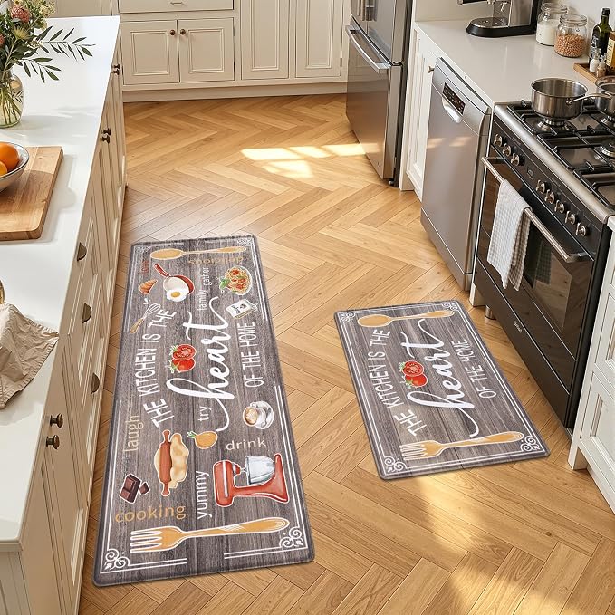 Yamaziot Anti Fatigue Kitchen Rug Set of 2, Non-Slip Cushioned Floor Mats | 20" x 59"+20" x 32", Waterproof Farmhouse Cushioned Comfort Standing Desk Mat with Runner for Sink, Office, Laundry