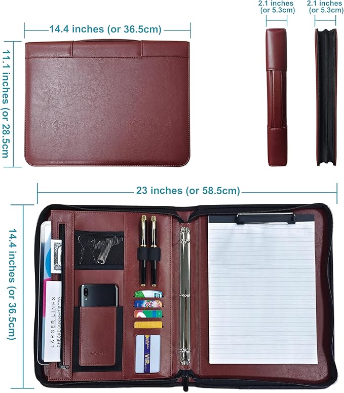 Faux Leather 3 Ring Portfolio Binder With Handle, Business Padfolio for Men & Women, Zippered Document Organizer for Home & Office Use, Including Clipboard, Notepad and Sheet Protectors (Brown)