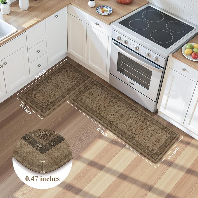 KIMODE Kitchen Floor Mats Anti Fatigue,Cushioned Rugs for Floor Sets of 2 | 17.3"x47"+ 17.3"x29",Brown,Farmhouse Rugs for Floor,Memory Foam Ergonomic Kitchen Mat Non Slip for Laundry Office Bathroom