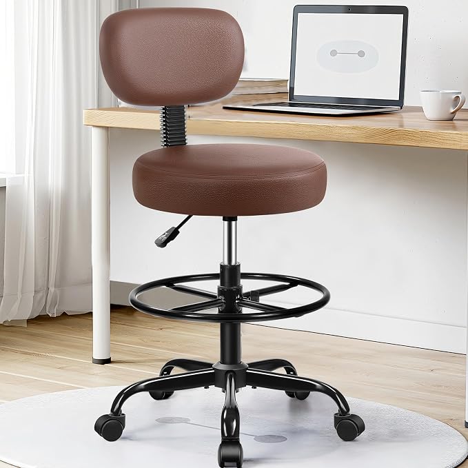 Brick Attic Drafting Chair with Backrest – Adjustable Foot Rest Rolling Stool with Wheels, PU Leather Swivel Stool for Office Spa Studio Lab Counter Salon Home Work Bar Kitchen Shop(Brown)