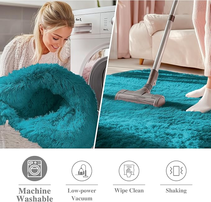 OLANLY Teal Round Rugs for Bedroom - Machine Washable, 7 ft Circle Area Rugs for Living Room, Soft and Fluffy Shaggy Carpet for Teen Girl and Boys, Nursery Rooms, Dorms, Home Decor Aesthetic