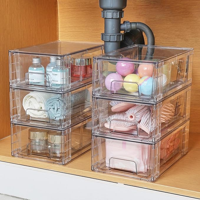 Vtopmart 6 Pack Stackable Storage Drawers,Clear Acrylic Drawer Organizers with Handles, Easily Assemble Containers for Fridge, Bathroom,Kitchen Undersink,Cabinet,Pantry Organization and Storage | Clear Drawer Organizers with Removable Dividers for Flex...