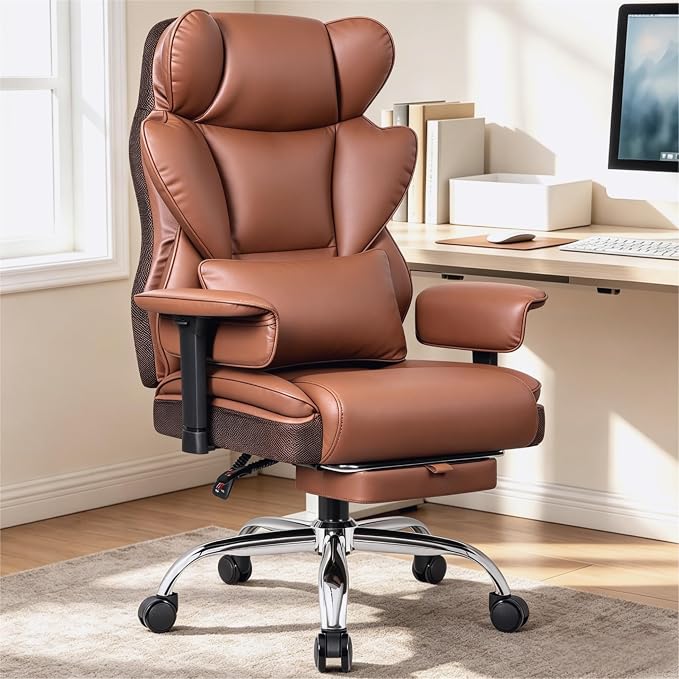 Big & Tall Executive Office Chair, 400 LBS Computer Desk Chair | 23.6" Extra-Wide Seat with Footrest, Ergonomic High Back with Lumbar Support, 165° Recline, 3.2" Adjustable Armrests, Brown