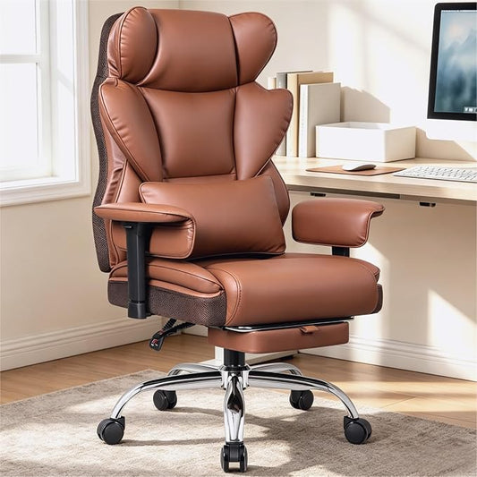 Big & Tall Executive Office Chair, 400 LBS Computer Desk Chair | 23.6" Extra-Wide Seat with Footrest, Ergonomic High Back with Lumbar Support, 165° Recline, 3.2" Adjustable Armrests, Brown