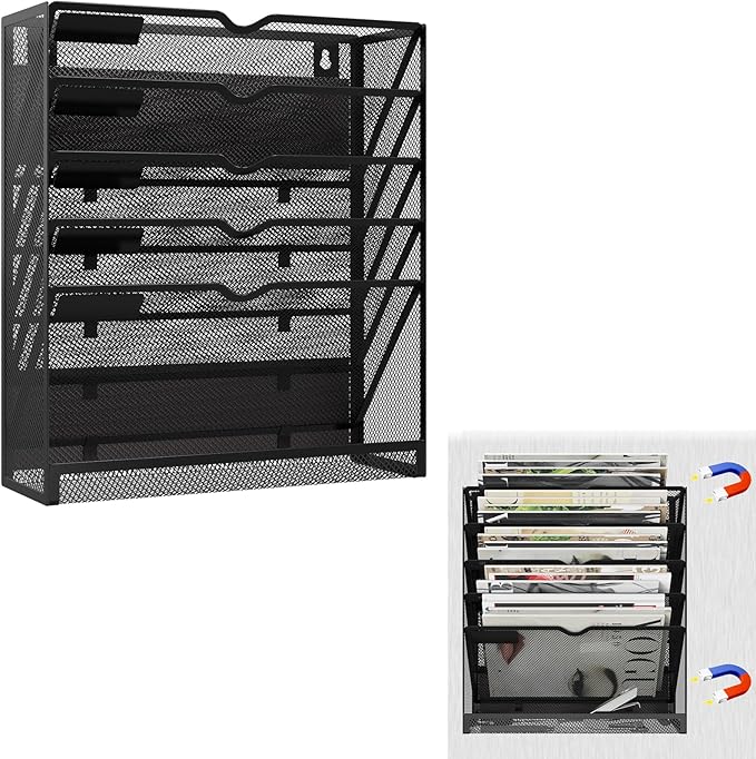 6 Tier Magnetic File Holder, Large Capacity Mesh Hanging Wall Organizer Vertical Magnetic Hanging File Organizer, Magnetic File Folder Holder for File Cabinets, Office, Whiteboard (Black)