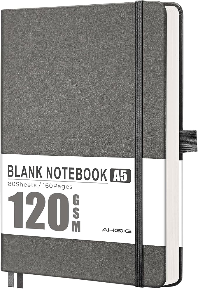 AHGXG Blank Journal Notebook, 160 Pages, A5 Medium Size (5.7'' x 8.3''), 120 GSM Thick Paper, Leather Hardcover, for Sketching, Drawing, Painting (Gray)