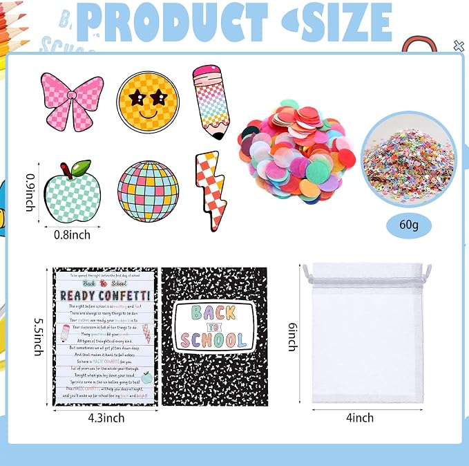 AmazingSpark 24 Sets Ready Confetti Back to School Supplies Magic Jitter Glitter with Poem Cards Organza Bags First Day of School Confetti Anxiety Relief Favor Gifts for Teachers(Composition Notebook)