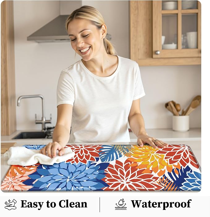Arenarug Kitchen Mats for Floor 2PCS Cushioned Anti Fatigue Kitchen Mats Waterproof Non Slip Kitchen Mat Rug Set Comfort Foam Standing Mat for Sink, Laundry, Office,17.3" x 28" + 17.3" x 47", Red Blue