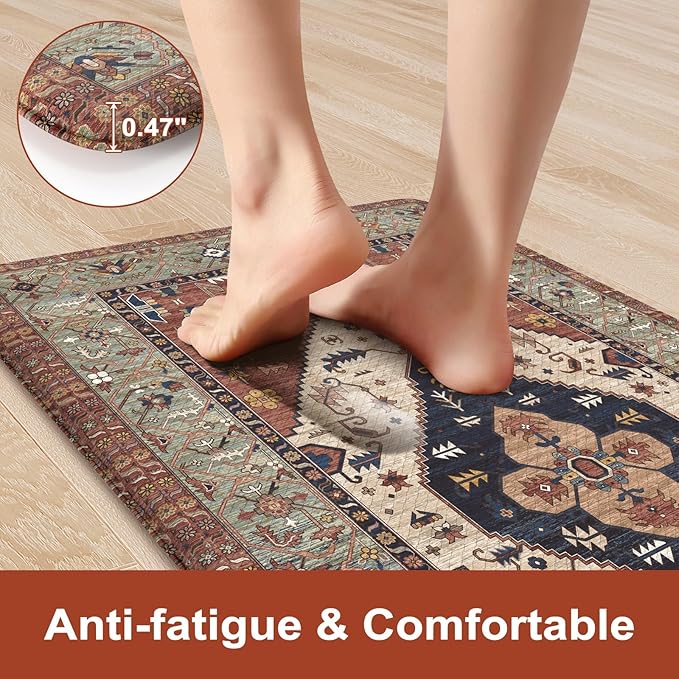 KIMODE Anti Fatigue Kitchen Mats for Floor 2 Piece, Farmhouse Kitchen Rugs, Non Slip Waterproof Kitchen Floor Mats, Memory Foam Standing Mats for Sink Laundry Office Desk Red 20"x71"+20"x32"