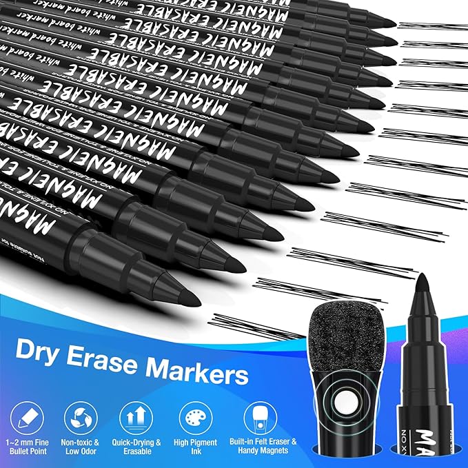 Magnetic Dry Erase Markers Fine Tip Black : 12 White Board Dry Erase Markers with Eraser Cap, Low Odor Erasable Fine Point Markers for Teachers, Home, Office and School Supplies