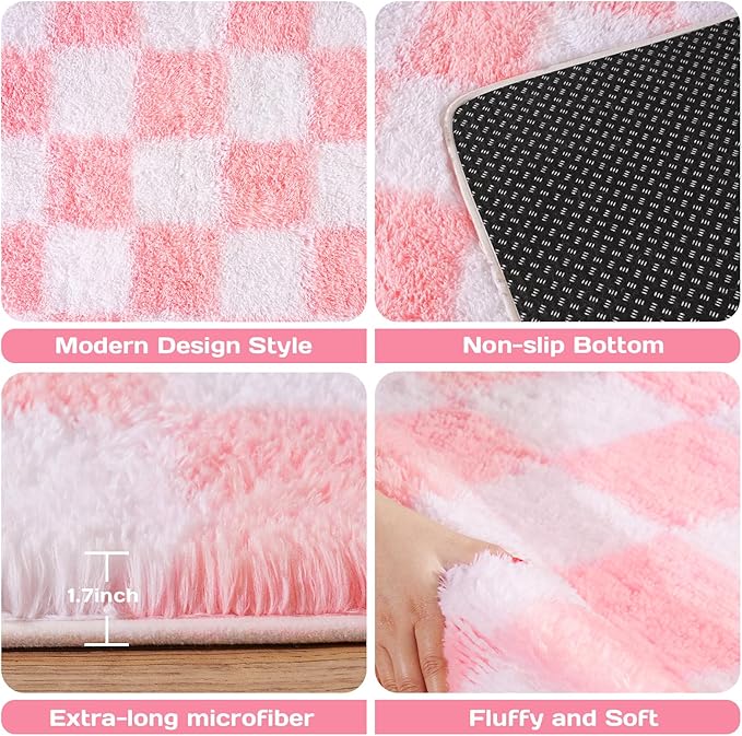 Area Rugs for Living Room Bedroom 9x12, Ultra Fluffy Shag Checkered Rug Modern Washable Carpet Soft Shaggy Non Slip Indoor Plush Fuzzy Rugs for Bedroom Dorm Office Home Aesthetic Decor, Pink and White