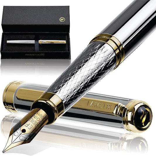 Silver&Gold Luxury fountain pen, fancy gift set for women, Real 24K Gold Plating, Professional executive pen gift set for men (Lux fountain Silver-Gold)