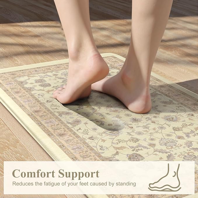 KIMODE Cushioned Kitchen Mats for Floor,Anti Fatigue Kitchen Rug Sets of 2 | Beige,Padded Kitchen Mats,Memory Foam Kitchen Mat Waterproof, Vintage Kitchen Rugs Non Slip for Laundry Office Home Decor