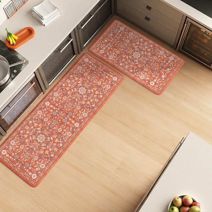 KIMODE Anti Fatigue Mat for Kitchen Floor Non Slip,Boho Vintage Floral Kitchen Rugs Sets of 2,Cushioned Memory Foam Waterproof Standing Carpet for Laundry Sink Home,Red