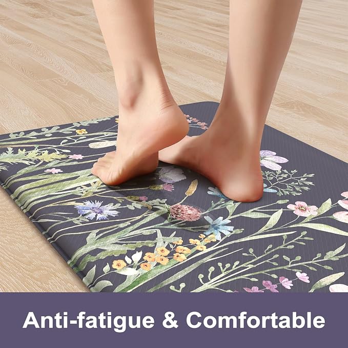 KIMODE Anti Fatigue Kitchen Mat for Floor, Farmhouse Kitchen Runner Rug | Non Slip Cushioned Kitchen Mat for Floor,Memory Foam Kitchen Mat for Laundry,Office,Sink,Dormitory Dark Gray Purple 17.3"x59"