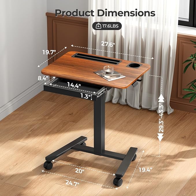 28" Mobile Standing Desk with Drawer, Portable Laptop Desk | Rolling Desk with Cup Holder and Hooks, Height Adjustable Computer Cart with Storage, Lockable & Hidden Wheels, Dark Wood