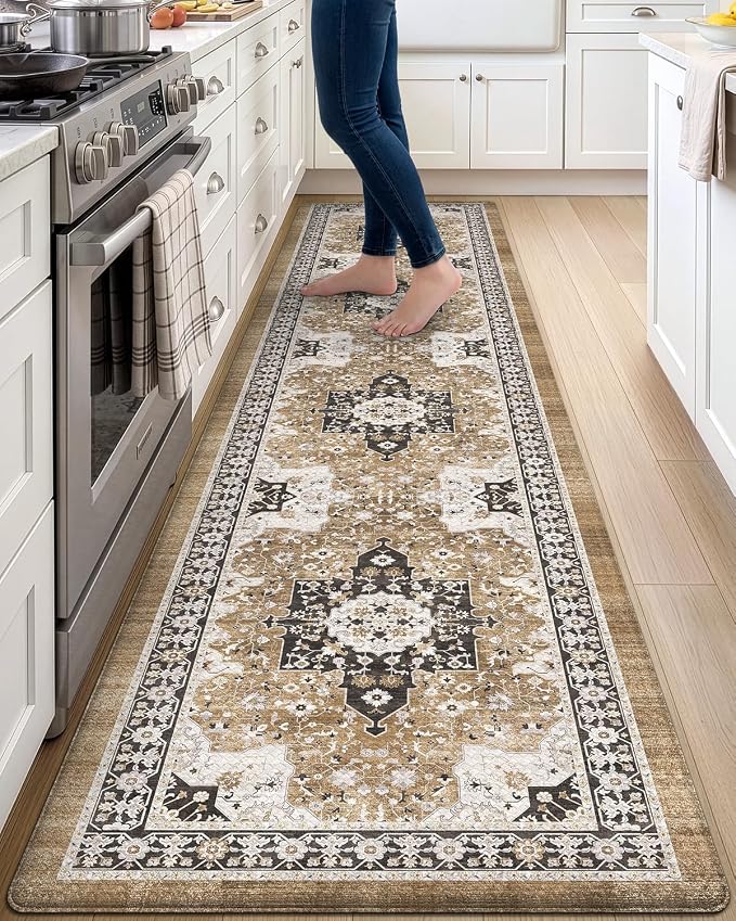 DEXI Kitchen Floor Mats Cushioned Anti Fatigue, 23x107 Long Wide Standing Comfort Runner Rug, Waterproof Retro Floral Memory Foam Padded for Front Sink Laundry, Brown/White