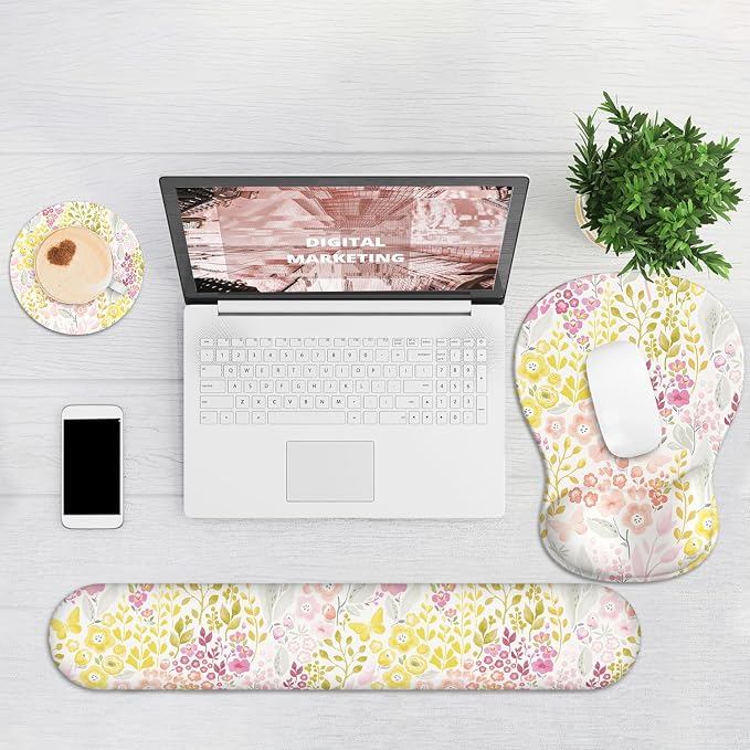 Ergonomic Mouse Pad with Wrist Rest and Keyboard Wrist Rest, Gel Mousepad and Wrist Rest for Computer Keyboard, Pain Relief, Non-Slip PU Base, Mouse Pad Wrist Support for Gaming, Pink Yellow Flowers