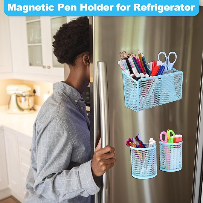 Sherr 3 Pcs Magnetic Pen Pencil Holder Set Magnets Wire Mesh Marker Holder Storage Basket for Locker Accessories Classroom Whiteboard Refrigerator and Home Wall, Macaron Color(Blue)