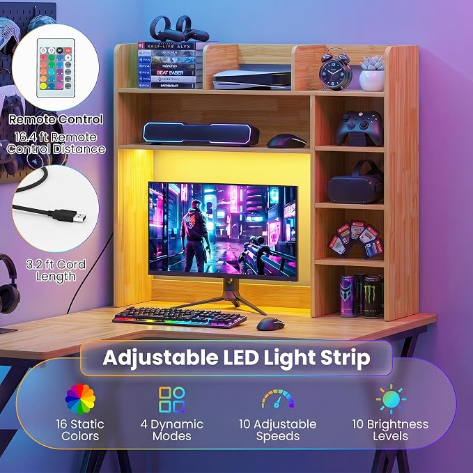 Tangkula Desktop Bookshelf with LED Lights, Desk Hutch with 8 Shelves for Max 25" Monitor, Desktop 5-Tier Display Rack, Wood Desktop Storage Hutch Organizer for Dorm Office Home, Burlywood