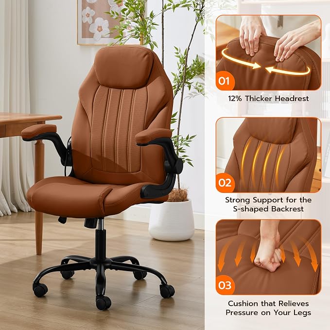Ylzyxal Office Desk Chair, Ergonomic Computer Chair with Padded Flip-Up Arms and Adjustable Lumbar Support, PU Leather Executive Chair with Tilt Lock and 360° Swivel Rolling Wheels for Work, Study