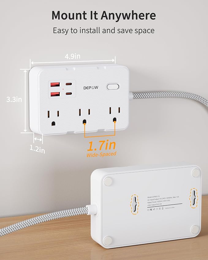DEPOW 2 Prong to 3 Prong Adapter Power Strip, 10 FT Extension Cord with 6 Outlets & 4 USB Ports (2 USB-C), 1050J Two Prong Surge Protector, Wall Mount - Ideal for Old Houses