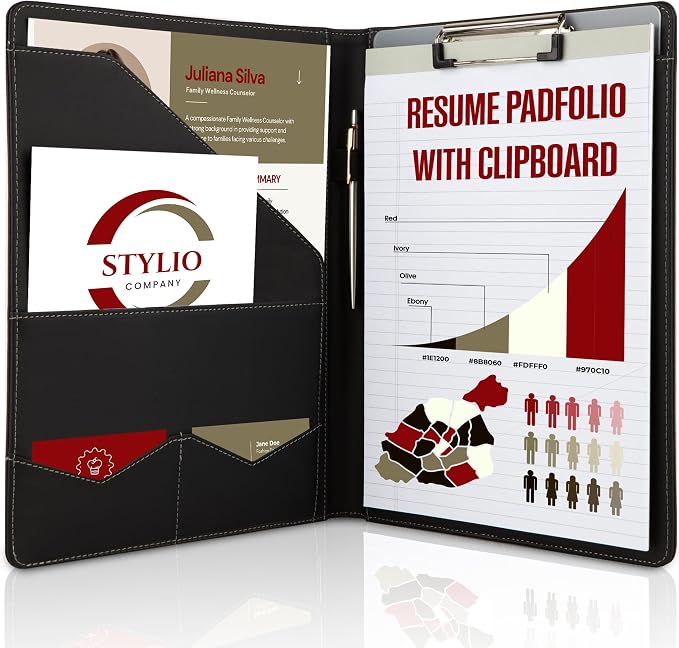 STYLIO Padfolio Folder with Removable Clipboard | Portfolio Organizer | Binder with Storage for Notebook, Notepad | Nursing Clipboard Folio, CNA Accessories for Work | Vegan Leather