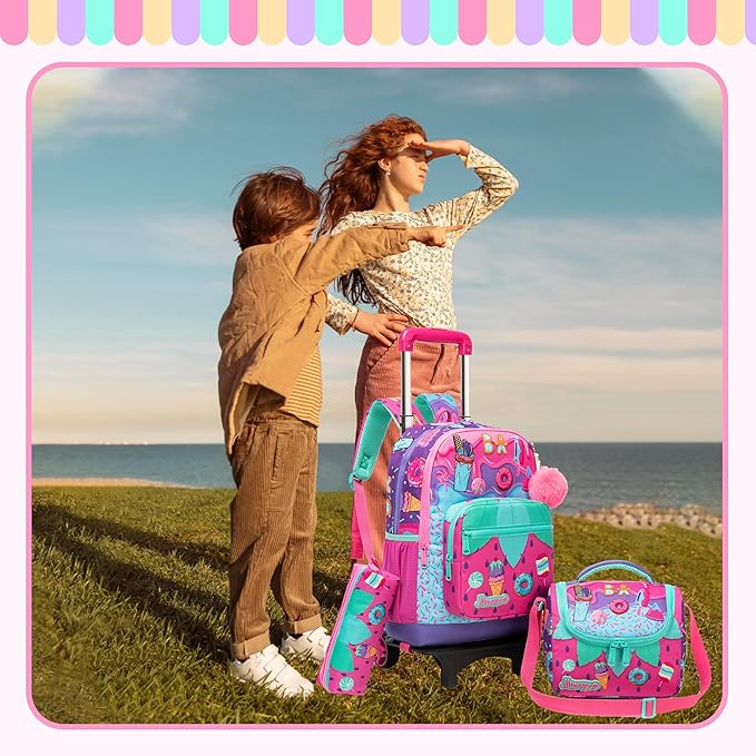 Girls Rolling Backpack for Kids Ages 8-12 Wheeled Backpack for Kids Backpacks for Girls with Lunch Bag Back to School Supplies Kit